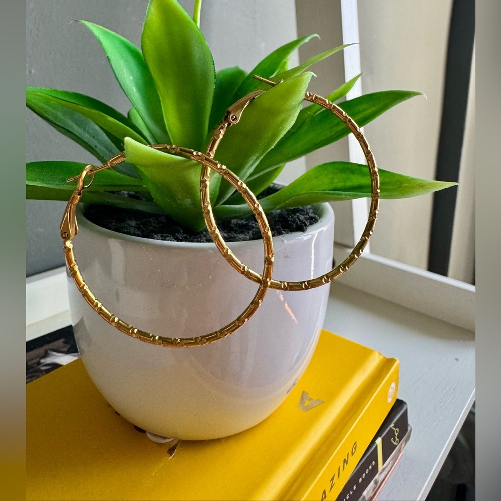 Thin Gold Large Hoops, 18K Gold Plated Stainless Steel, Bamboo Engravings